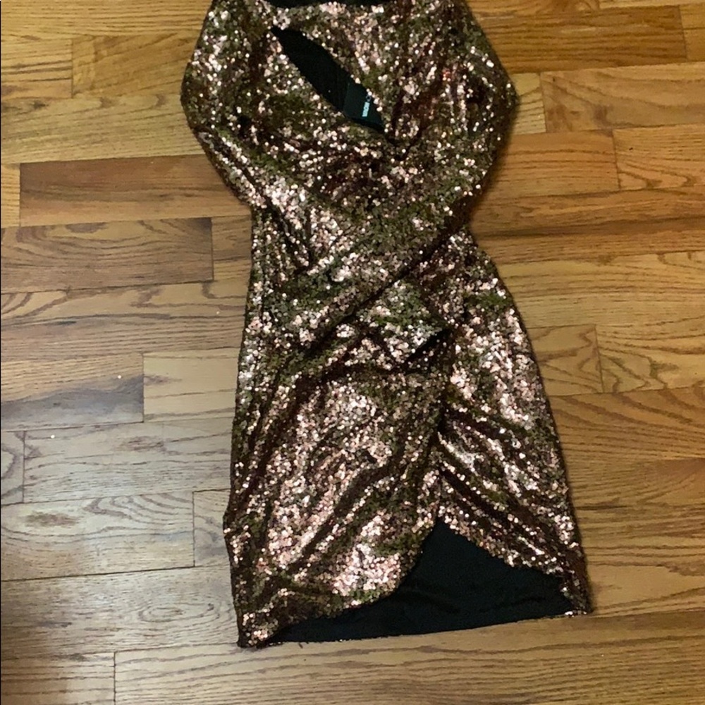 Small Fashion Nova bronze sequin open slit dress